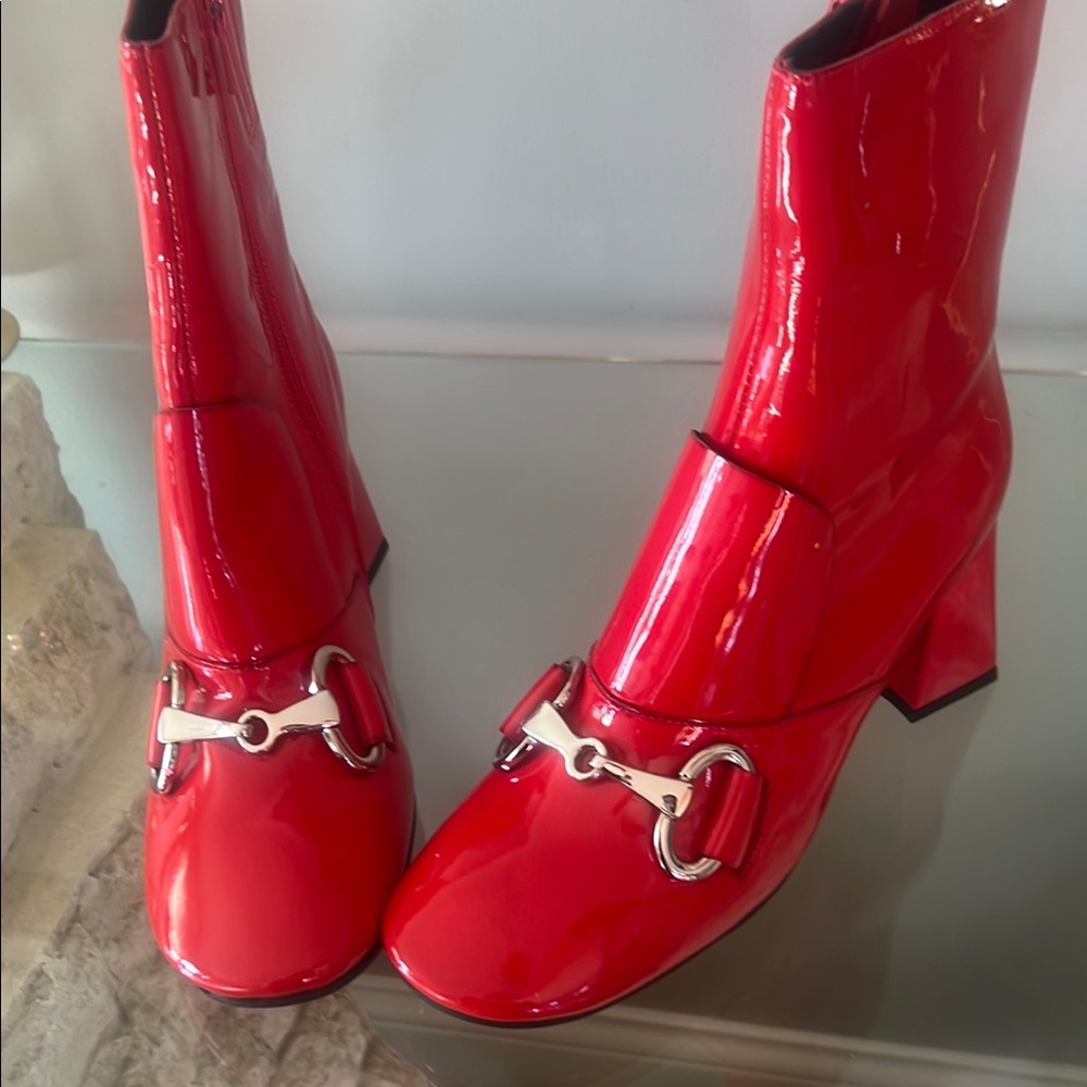 Jeffrey Campbell Glossy Red Ankle Boots with Silver Accents